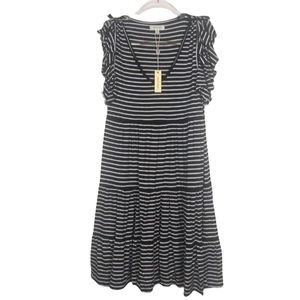 Max Studio Dress jersey knit tiered v-neck sleeveless black white striped Small